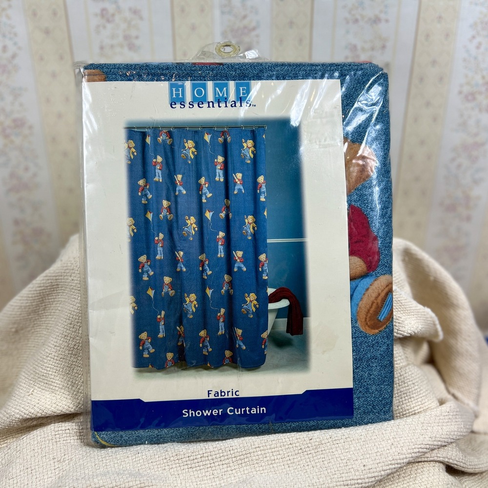 Vintage 90s Blue Jean Teddy Shower Curtain Home Essentials Kmart 70x70 NIP